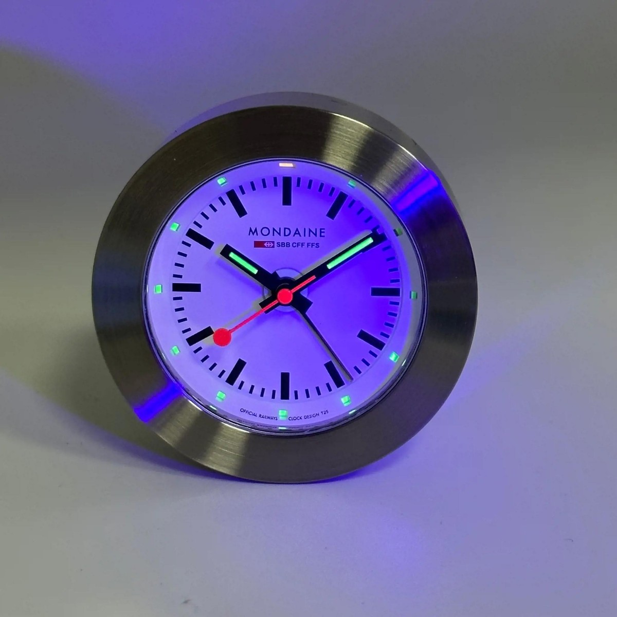 Mondaine 48mm Steel White Dial Travel Alarm Clock Night Vision