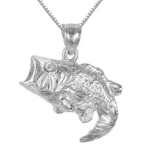 Sterling Silver BASS Fish Pendant / Charm, Made in USA, Italian Box Chain