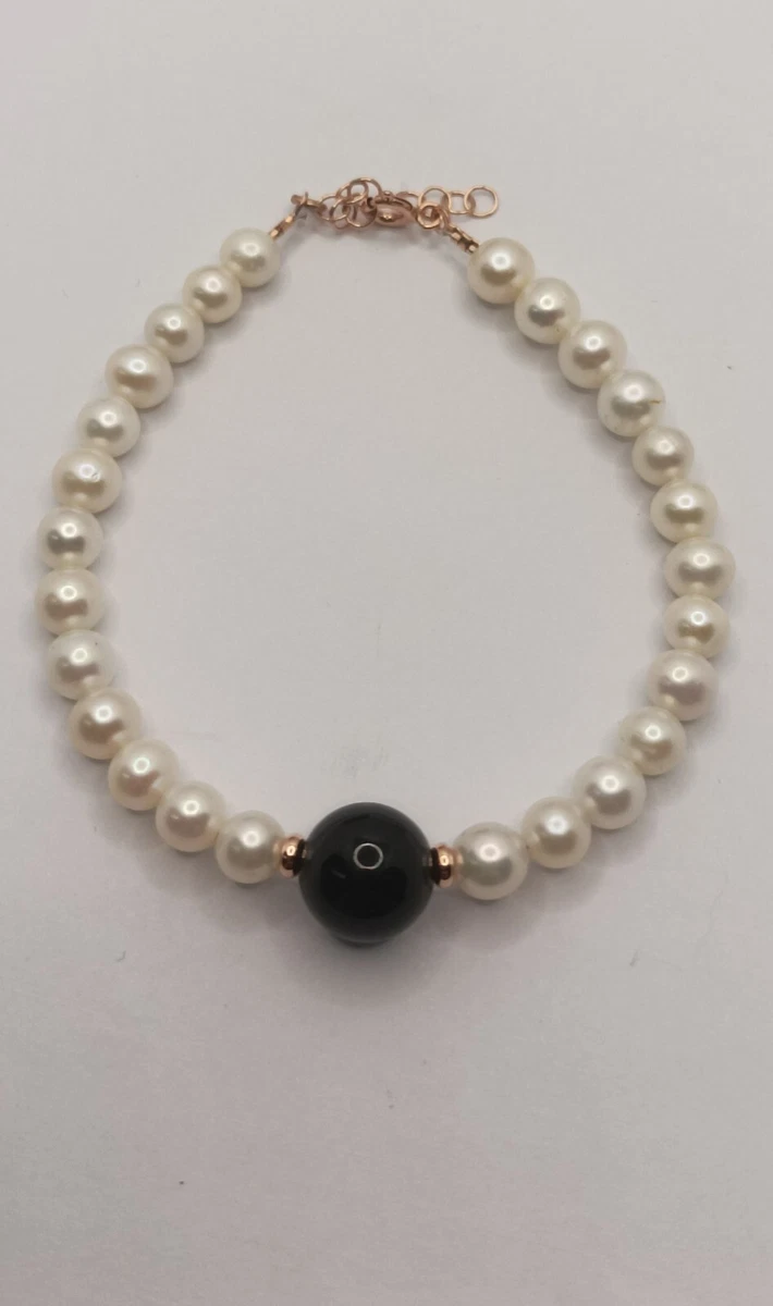 Bracciale In Argento 925 Con Perle D'Acqua Dolce - Gioiello Donna Elegante - Made In Italy, 20 Cm