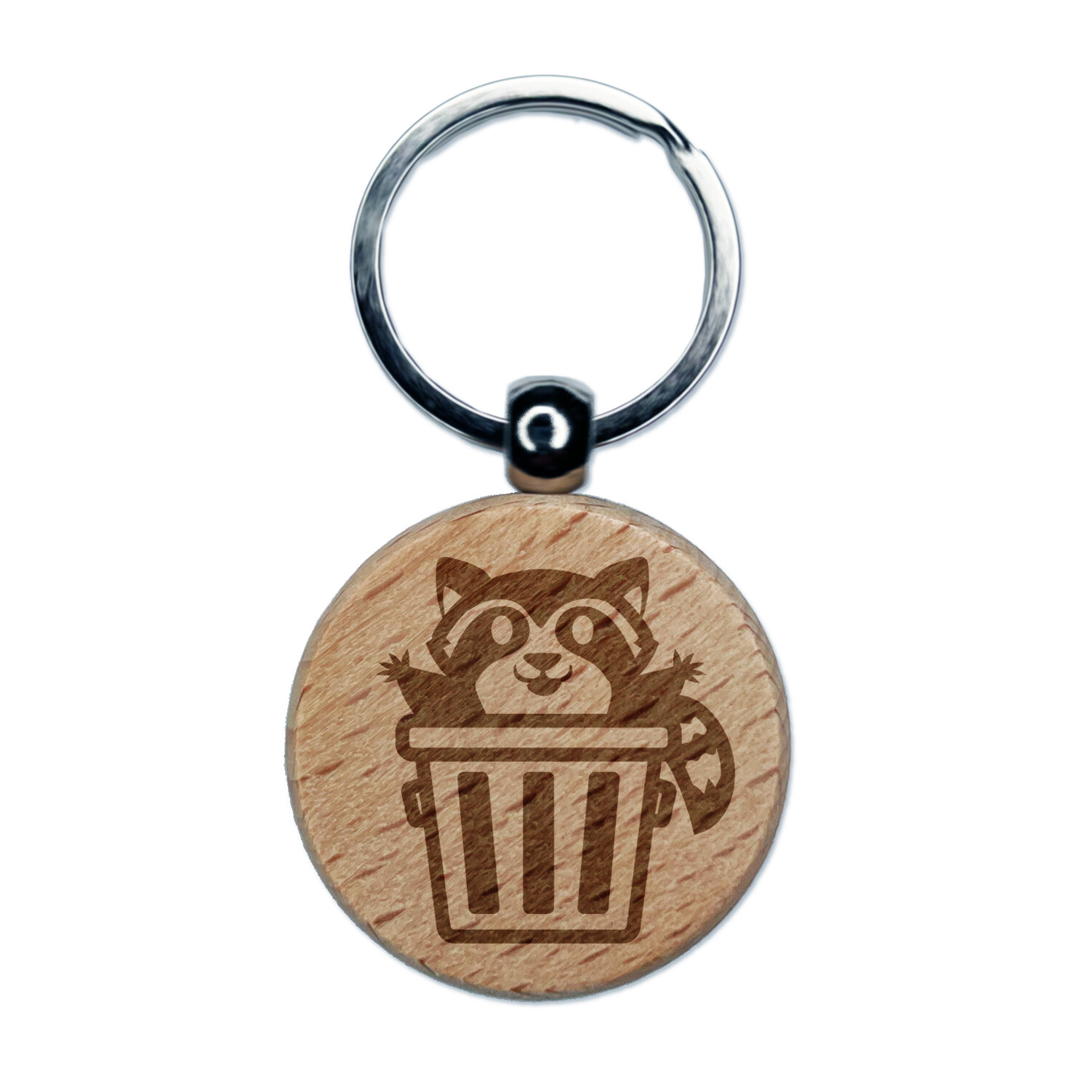 Lively Raccoon in Trash Can Engraved Wood Round Keychain Tag Charm