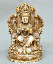China Old Jade Gilt Buddhism 4 Arms Kwan-yin Guanyin Quanyin Buddha Sit Statue