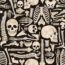 BTY Halloween Boney Yard Skeleton Skull Black Quilt Cotton Fabric By The Yard