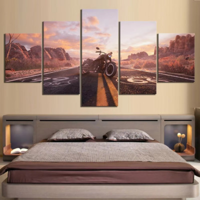 Road Numbers Route 66 Motorcycle Vehicle 5 Piece Panel Canvas Wall Art Decor