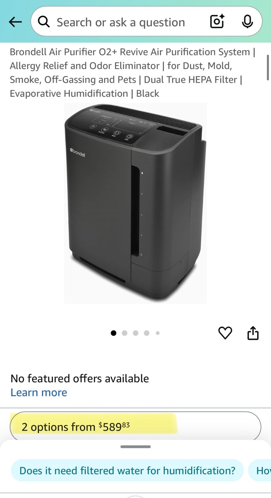 Brondell PR50-B Console Air Purifier - Black - Allergy Relief & Odor Eliminator