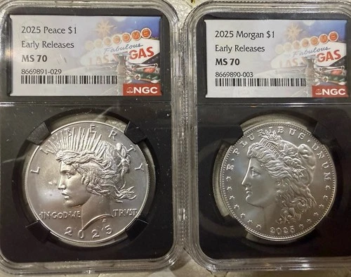2025 $1 Morgan and Peace Silver Dollar 2pc Set NGC MS70 Early Release Label