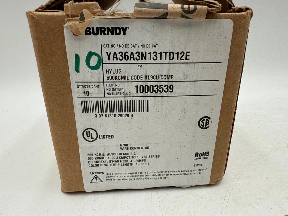 10PC Burndy YA36A3N131TD12E 2 Holes Aluminum Compression Lug Terminal Lot of 10 - Image 2 of 4