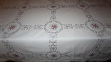 Schöne Damast Tischdecke-Tafeltuch-Tischtuch-Handarbeit-Stickerei-Rosen