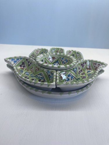 7 Pc Tunisian Kamsah Ceramic Serving Dish Hand of Fatima Green Charcuterie - Picture 2 of 16
