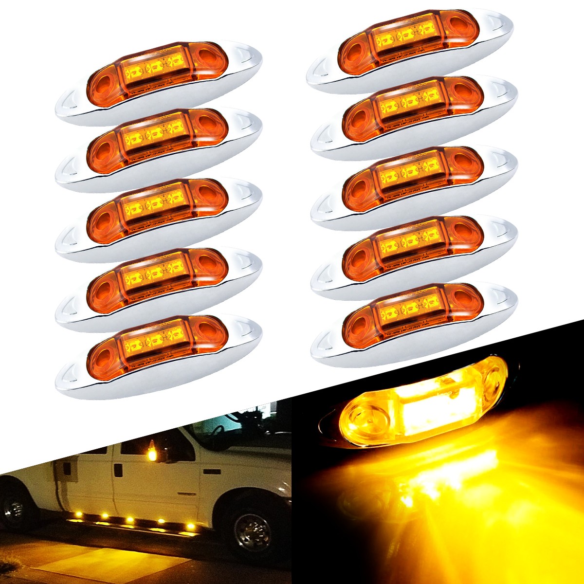 10X Amber 4" Marker Lights 3LED Truck Trailer RV Clearance Side Light Waterproof
