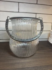 Vintage Silver Plated & Glass Basket w/ Handle For Candle, Trinkets Etc