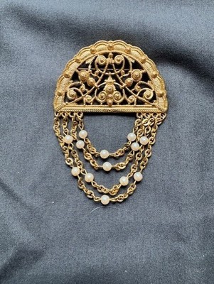Vintage Monet Half Circle Gold Plated Faux Pearls Drop Chain Brooch 3''L x 2''w