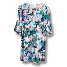 H&M Womens Dress Size 4 White Floral Ruffle Sleeve Viscose Tropical Print Summer