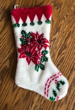 Vtg Plush Faux Fur Christmas Stocking Poinsettia Holly Theme