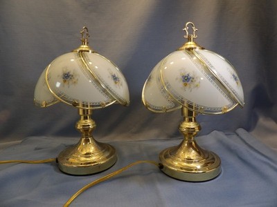Vintage Set 2 3-way Touch Accent Lamp Light Gold Tone Glass Panels