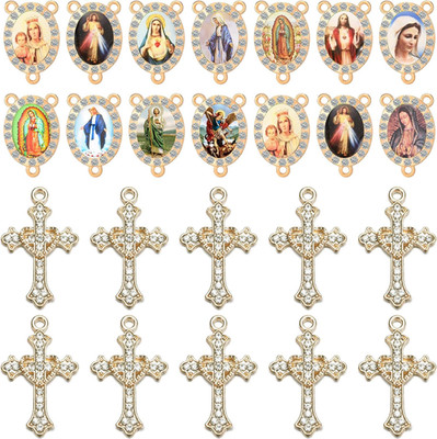 30Pcs Religious Rosary Making Supplies, 15 Mixed 3-Way Rosary Centerpiece with C