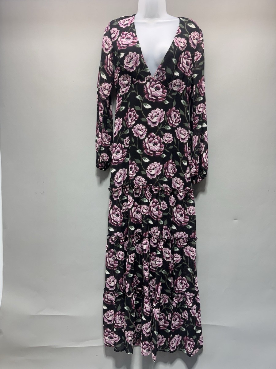 NWT Forever 21 Floral Maxi Dress Womens Small Black Pink Long Sleeve Cottagecore
