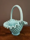 Vintage Fenton Aqua Turquoise Blue Hobnail Ruffled Glass Basket