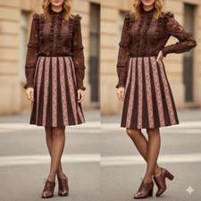 Ann Taylor Pleated Silk Skirt Cottage Academia 4P Embroidered Tapestry Lined