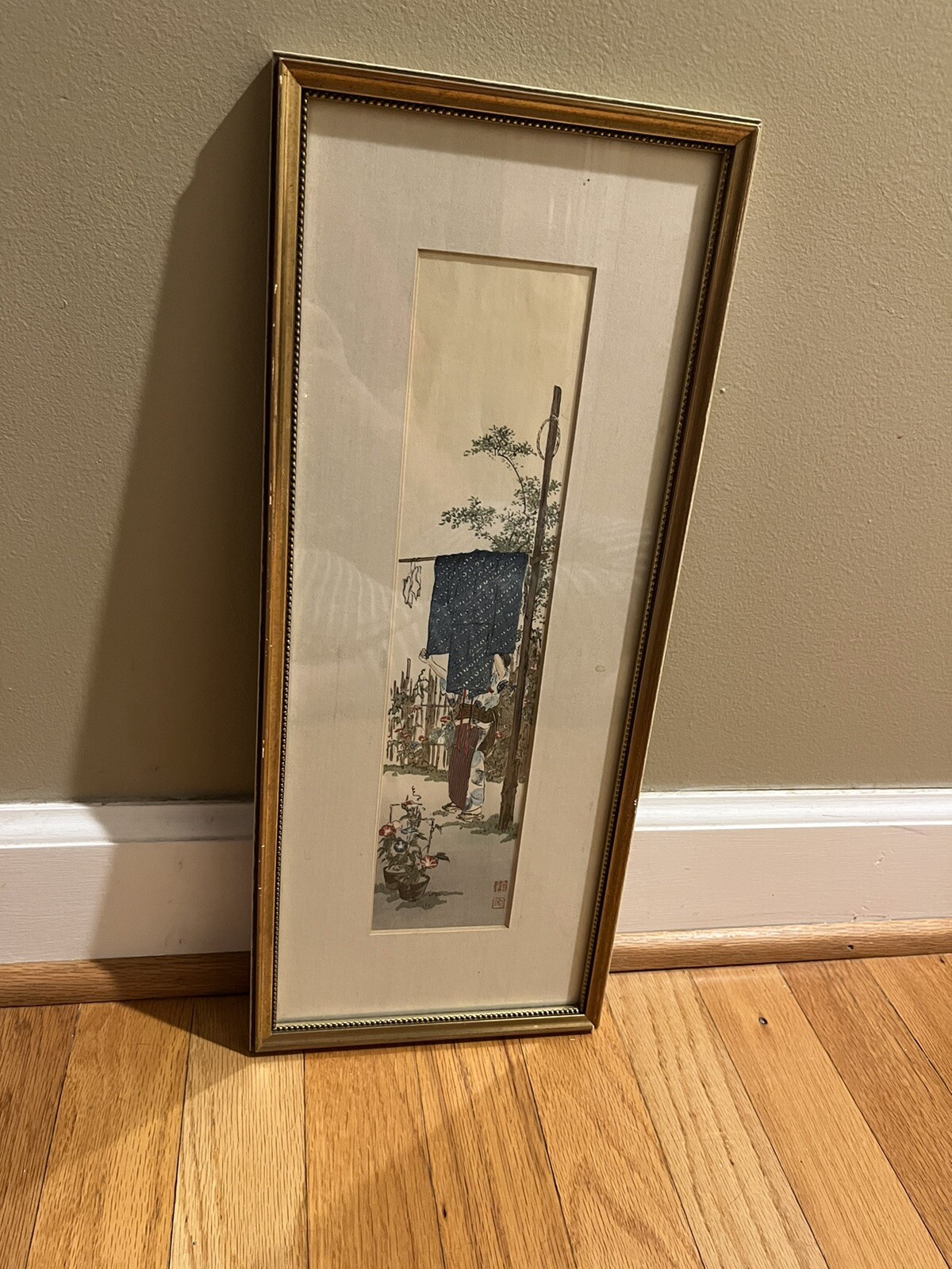 Asian Framed Wall Art Woman Hanging Laundry Kimono Signed Dated 1979