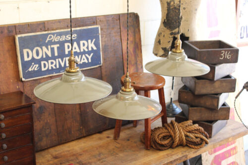 x3 Available 14” Vtg Industrial Green Gray Porcelain Enamel Pendant Lamp Light - Picture 3 of 12