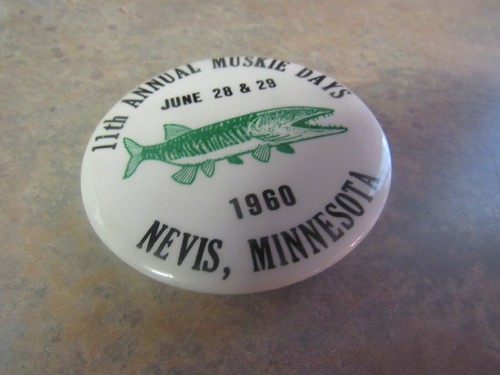 VINTAGE 1960 MUSKIE DAYS FISHING CELLULOID PINBACK PIN NEVIS MINNESOTA - Picture 2 of 3