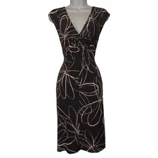 LADY HATHAWAY White Abstract Print Black Stretchy Front Twist Dress 4 (Small)