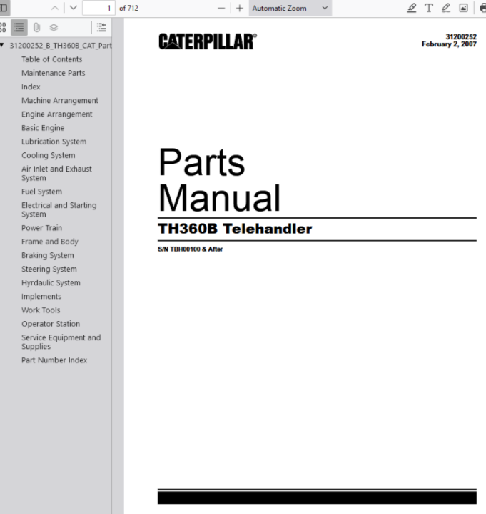 CAT Caterpillar TH360B Telehandler TBH00100-Up Parts Catalog