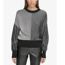 Womens DKNY Jeans Crewneck Transfer Ribbed Sweater Size S M L 3X Black Ivory NWT