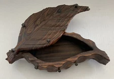 Vintage Wooden Hand Carved Leaf Shape Covered Dish Made in Spain 11” Long