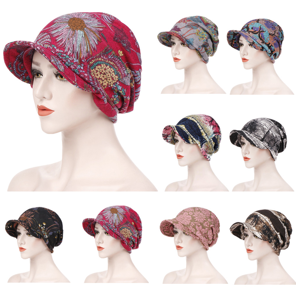 Women Cotton Hat Beanie Slouch Print Cancer Chemo Caps Warm Muslim