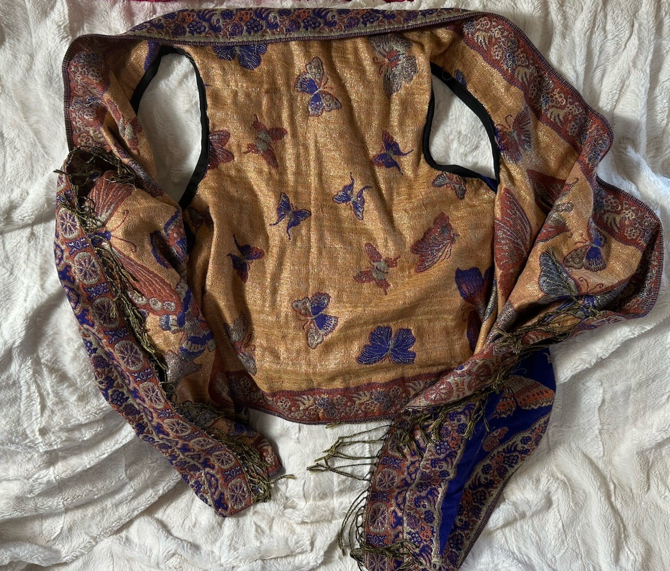 Butterfly Pattern Woven Rectangle Shawl with Frin… - image 3