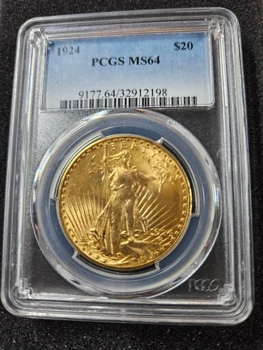 🌟 1924 $20 Gold St. Gaudens Liberty Double Eagle PCGS MS64 UNC Coin