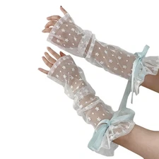 Y2K Sheer Mesh Tulle Arm Sleeves Ribbon Bow Elbow Length Lace Arm Warmers Wed...