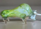 VTG Art Glass Bull Bison Figurine Murano Style Green White Hand Blown GIFT 12x6