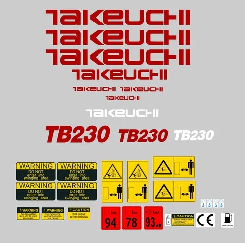 TAKEUCHI TB230 MINI DIGGER COMPLETE DECAL SET WITH SAFETY WARNING SIGNS