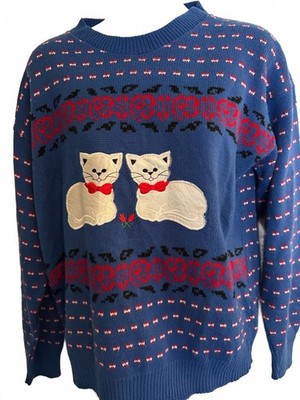 Vintage Cat Appliqué Novelty Knit Sweater Blue
