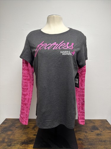 Susan G Komen Fearless Pink Ribbon Long Sleeve Layered T Shirt Womens XL NEW NWT