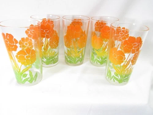 Vintage Federal Retro MCM Drinking Juice Glasses Set  5 Poppy Flowers Orange 5"