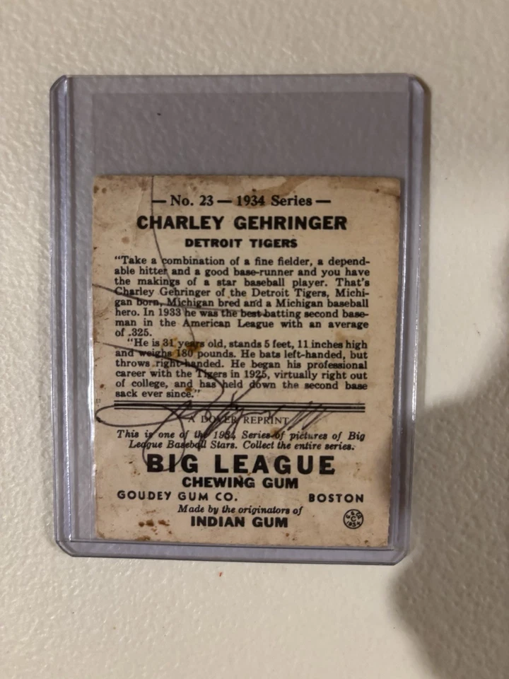 Goudey Charlie Gehringer 1934 autógrafo de colección en la parte posterior reimpresión de Dover Foto 2 de 2