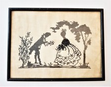 antique BLACK SILHOUETTE CROSS-STITCH SAMPLER wood frame etiquette