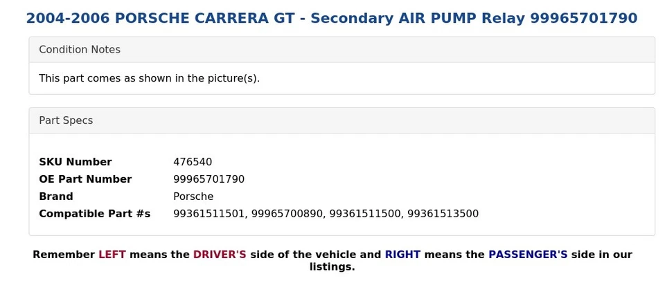 2004-2006 PPORSCHE CARRERA GT - вторичный воздушный насос реле 99965701790 - Изображение 4 из 4