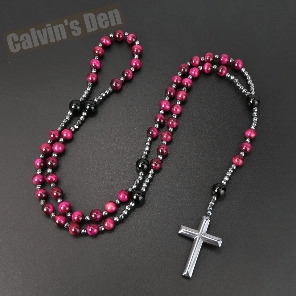 Collar Rosario Cruz Hematita Negro Ojo de Tigre Rosa Negro Ónix Regalo para Mujer Foto 2 de 4