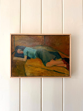 'Sleeping Woman' oil on board painting. Oak frame. Genuine mid century.