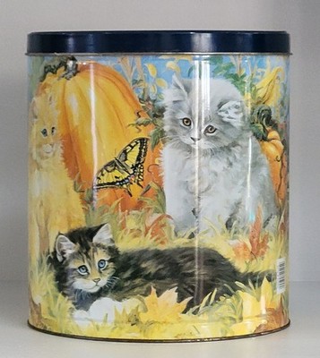 Vtg Fall Kittens & Pumpkins Tin Canister 11  Autumn Cat Harvest Butterfly