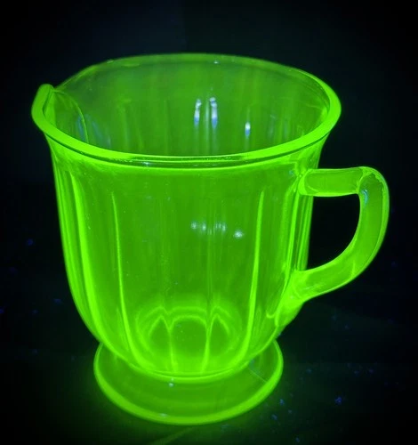 1930s Uranium Vaseline Depression Glass Creamer with Handle  ~  Glows