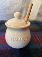 Plain White Honeypot Jar White Ceramic w/ Lid & Wooden Dipper, 10cm tall