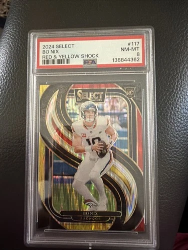 2024 Panini Select - Premier Level Bo Nix #117 Red & Yellow Shock Prizm RC PSA 8