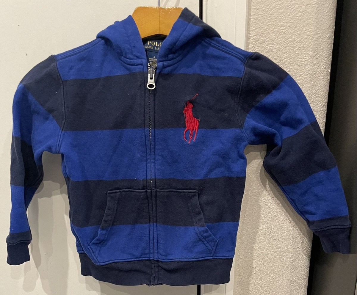 Polo Ralph Lauren Big Pony Striped Hoodie Sweatshirt Blue Boys