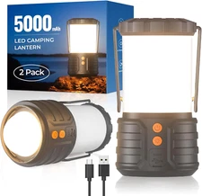 2pk 5000mAh Rechargeable LED Camping Lantern - Bright, Waterproof, Power Bank