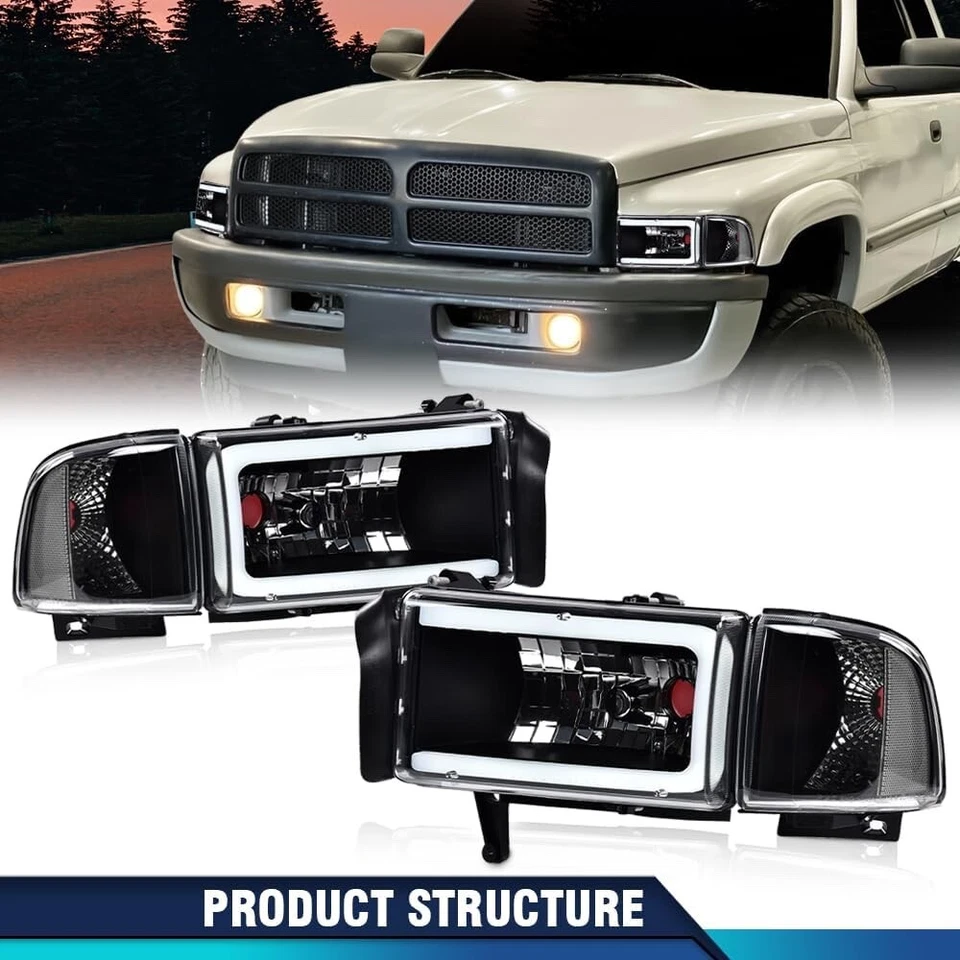 BLACK LED DRL Headlights + Signal Lamps For 1994-2001 Dodge Ram 1500 2500 3500 - Image 4 of 4
